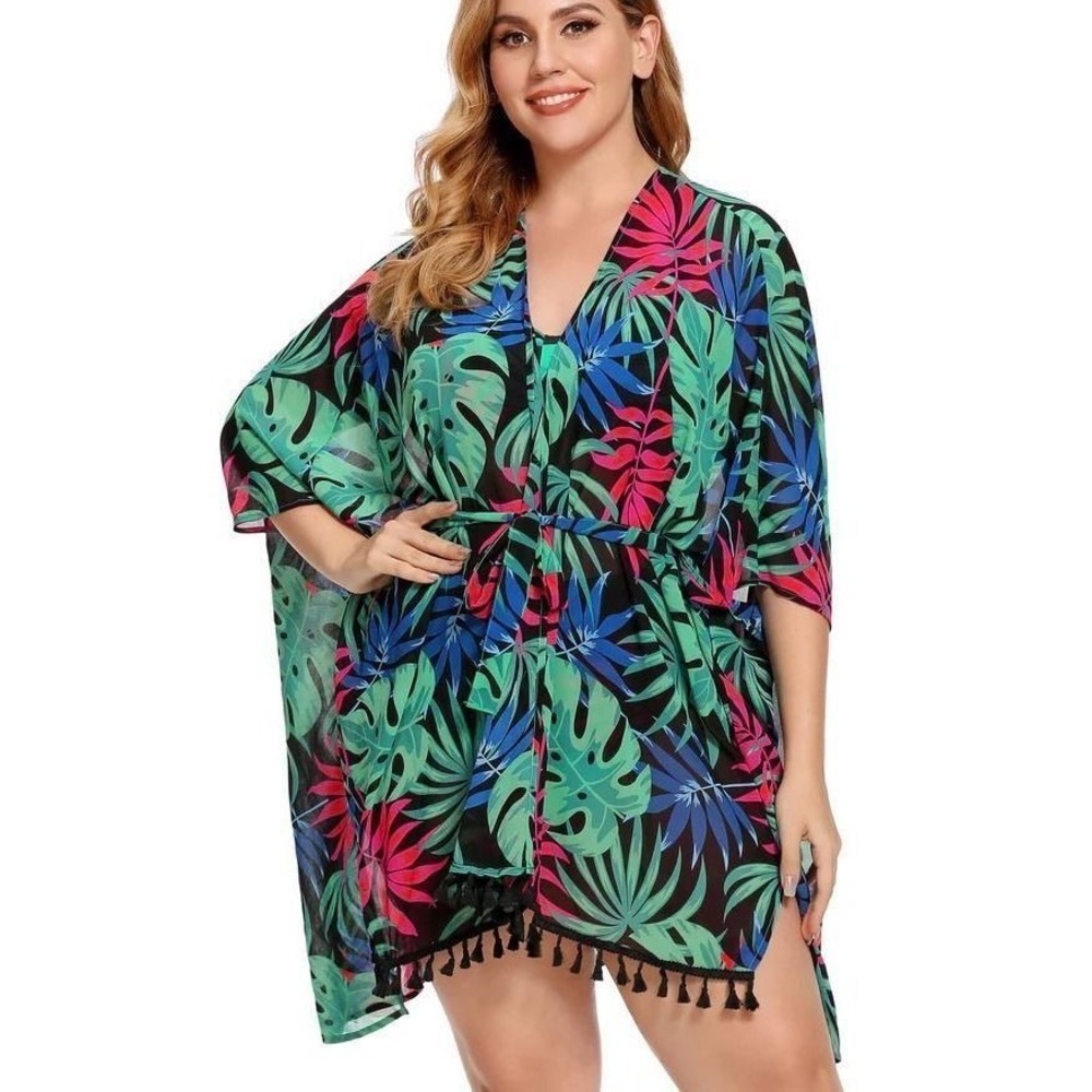 As Rose Rich Kimono Swim Cover Up Palms Tassel Fringe Wrap Large NEW